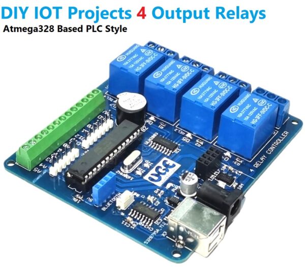 Atmega328 Based PLC Style 4 output relays with WIFI and Bluetooth Connectivity for DIY IOT projects